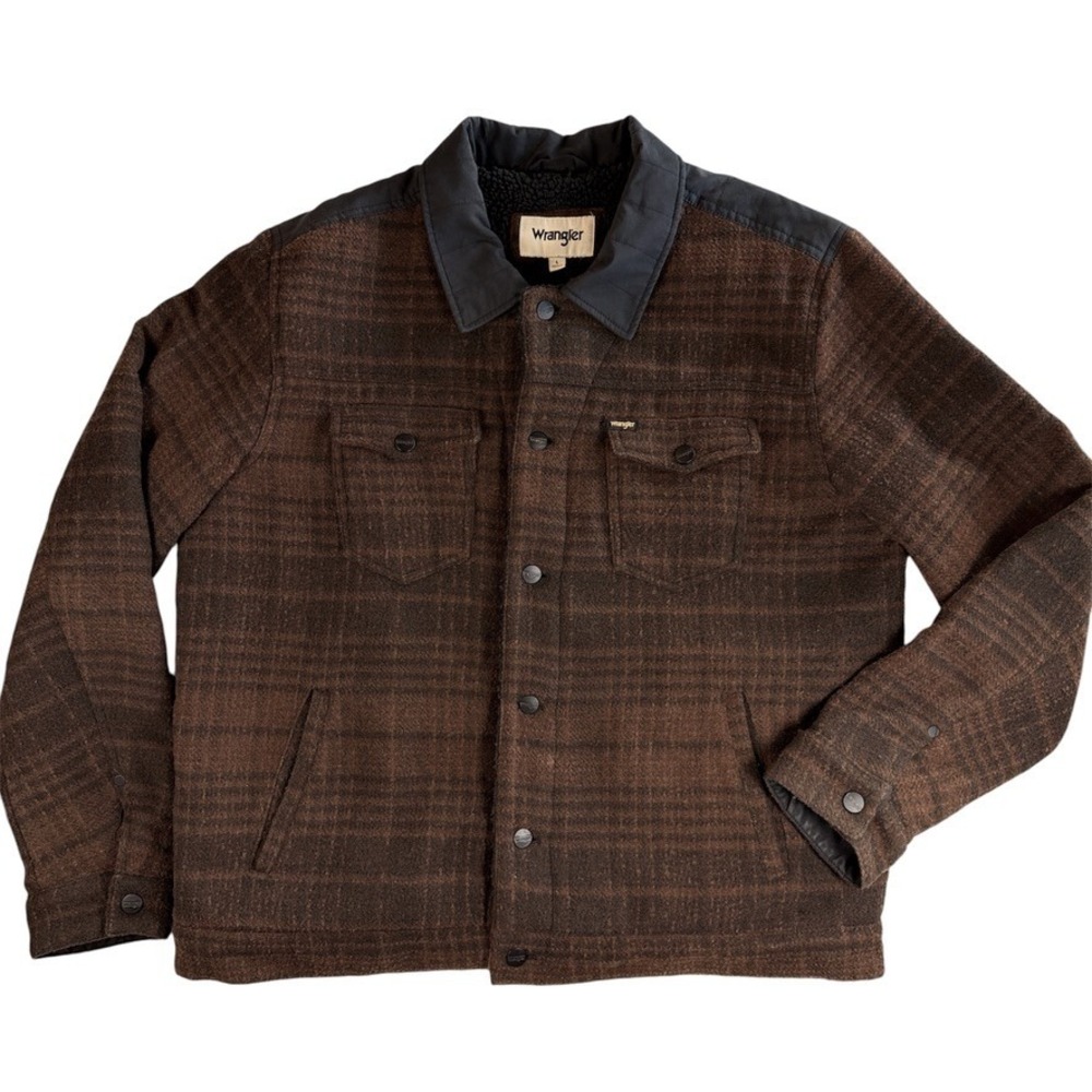Wrangler Jacket Mens XL Brown Plaid Sherpa Lined Wool Blend Workwear W4E0SG